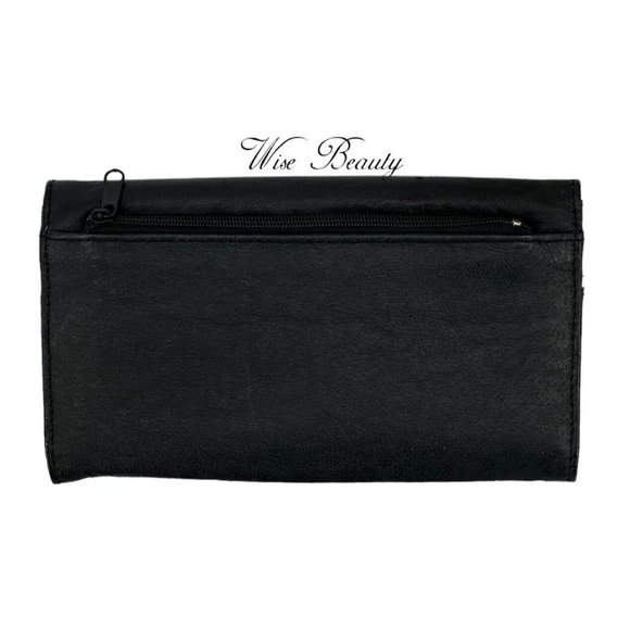Classic Tri-Fold Wallet Two Tone Black Brown Multi-Compartments Snap Closure - Picture 5 of 7